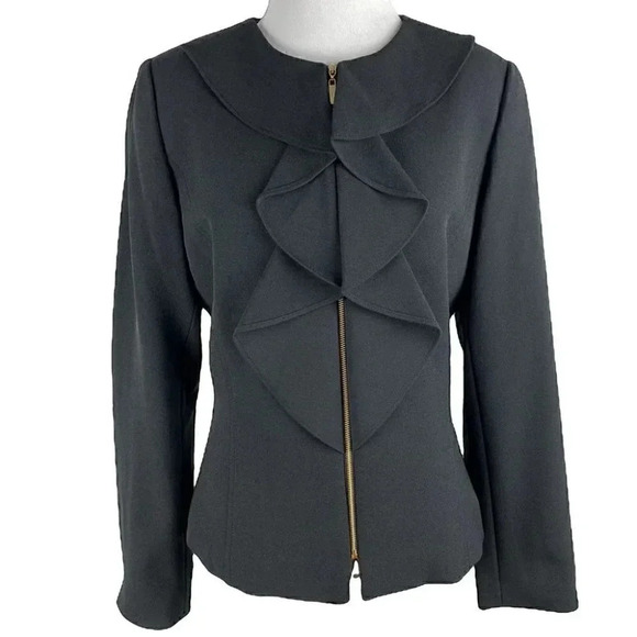 Tahari womens blazer size 6 black ruffle career zip down